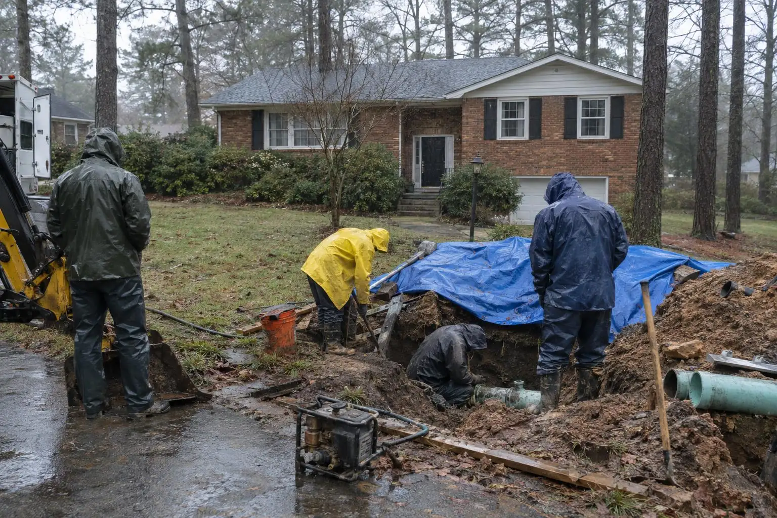 Workers in rain jackets around a trench covered by a blue tarp in front of a brick ranch house, pipe sections beside the trench