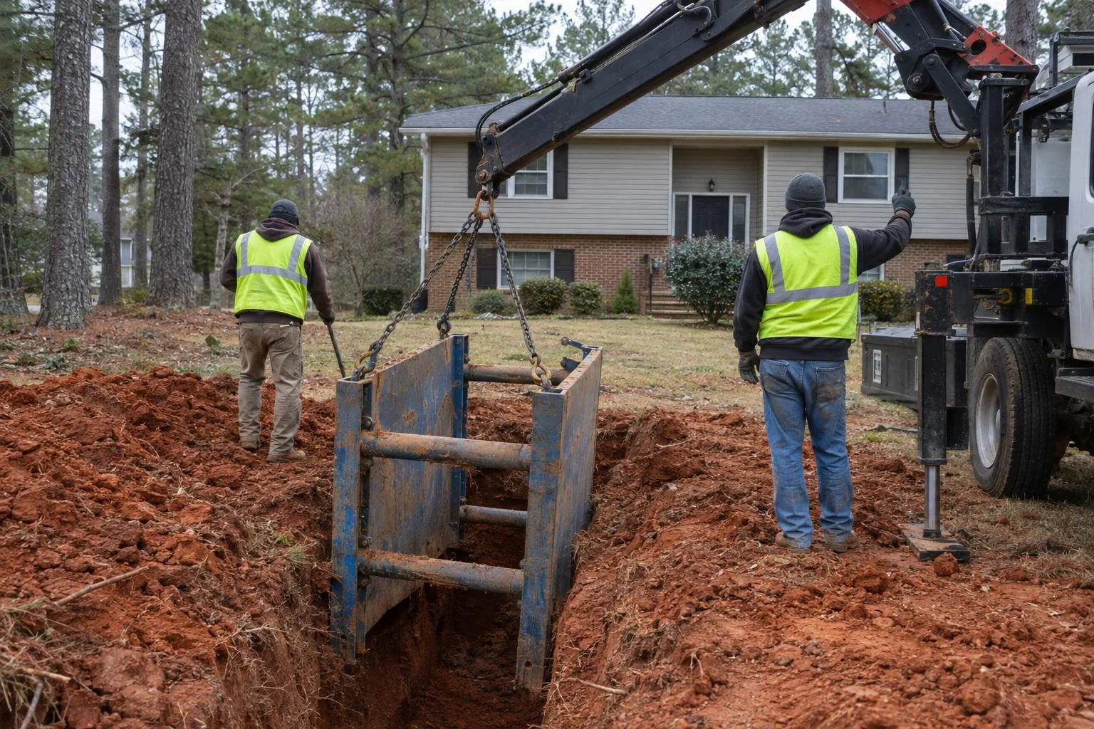 Two workers in safety vests guiding a steel trench box into an open excavation with a crane truck, a two-story house behind